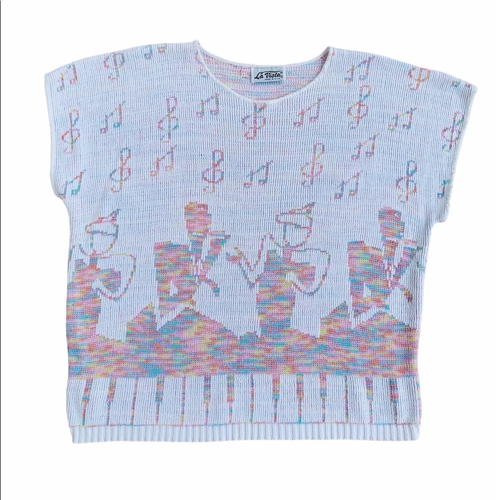 Vintage La Vista Boxy Music Notes Short Sleeve Sweater